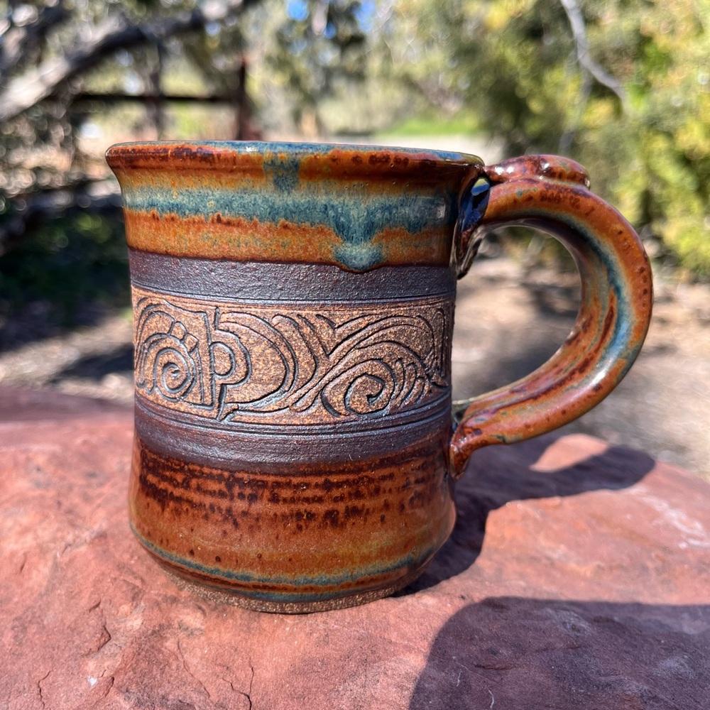 Beautiful Blaisdell signed hand-carved studio pottery mug